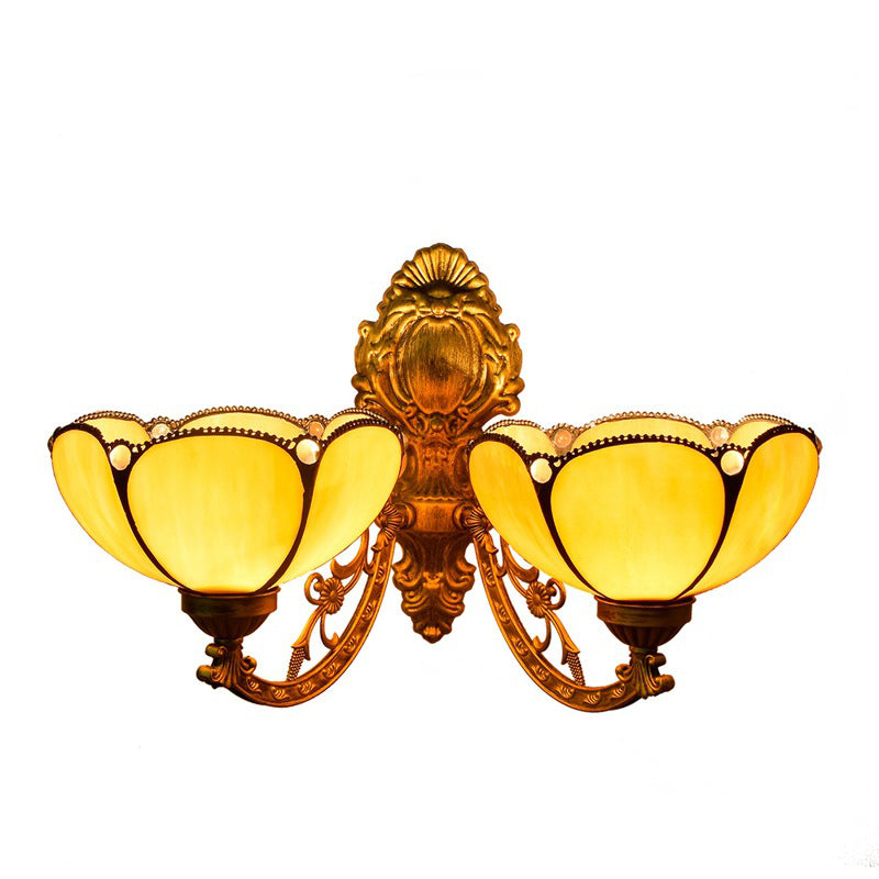 Traditional Tiffany Mediterranean Petal Stained Glass 2-Light Wall Sconce Lamp For Living Room