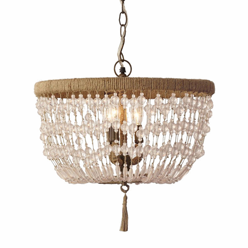 Traditional Rustic Round Hemp Rope Weaving Crystal 3-Light Chandelier For Living Room