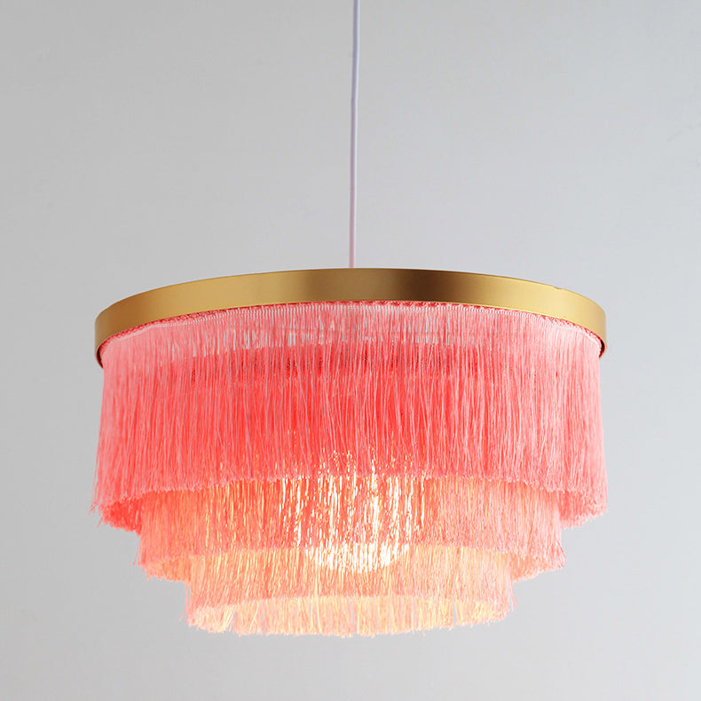 Contemporary Scandinavian Tassel Round Silk Polyester Iron 1-Light Pendant Light For Bedroom