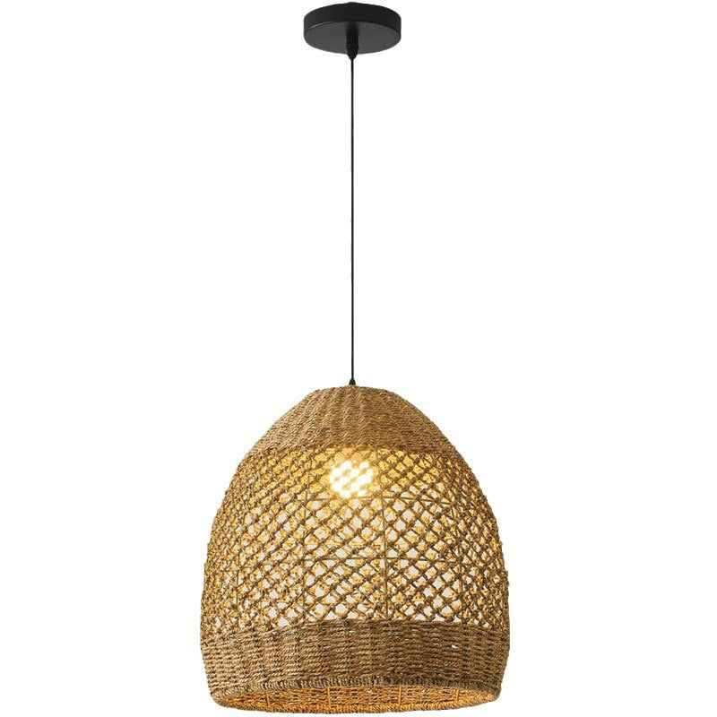 Traditional Rustic Rattan Weaving Openwork Cage 1-Light Pendant Light For Dining Room