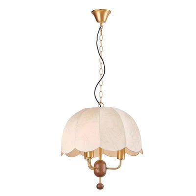 Traditional French Metal Wood Fabric Dome Decorative Border 3-Light Pendant Light For Dining Room