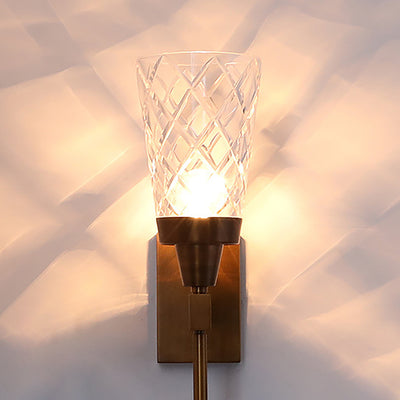 Traditional French Cylinder Carved Copper Glass 1-Light Wall Sconce Lamp For Living Room