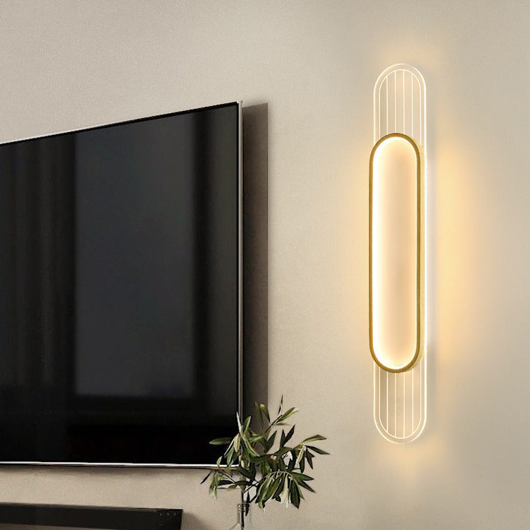 Modern Simplicity Imitation Wood Grain Edging Acrylic Grille Ellipse Shade LED Wall Sconce Lamp For Living Room