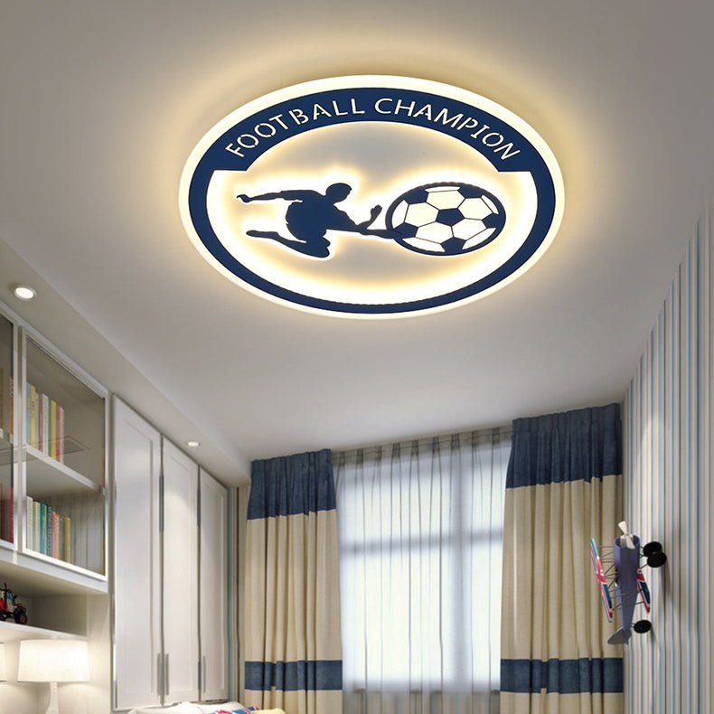 Contemporary Creative Kids Round Football Iron Acrylic LED Flush Mount Ceiling Light For Bedroom