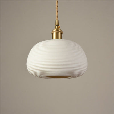 Contemporary Nordic Irregular Cylinder Stripe Ceramic Copper 1-Light Pendant Light For Living Room