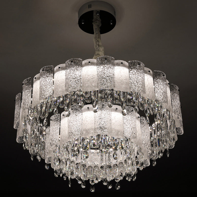 Traditional French Round Ripple Metal Crystal Glass LED Chandeliers For Living Room