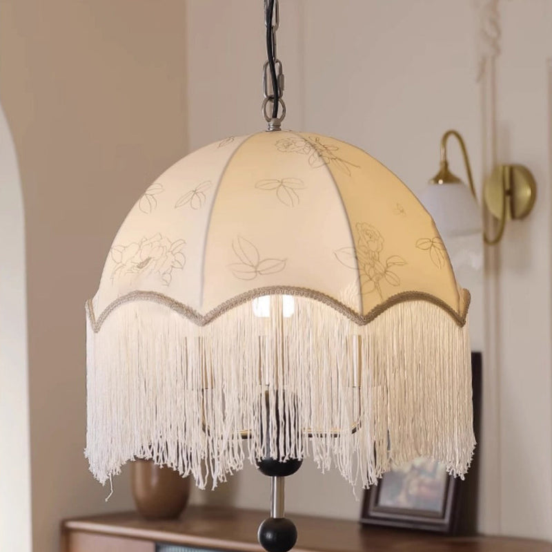 Traditional French Round Tassel Iron Wood Fabric 3-Light Pendant Light For Living Room