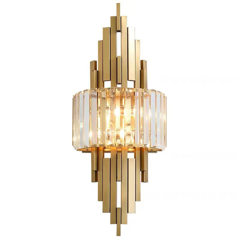 Contemporary Luxury Metal Hardware Crystal Cylinder Strip Rhombic 2-Light Wall Sconce Lamp For Living Room