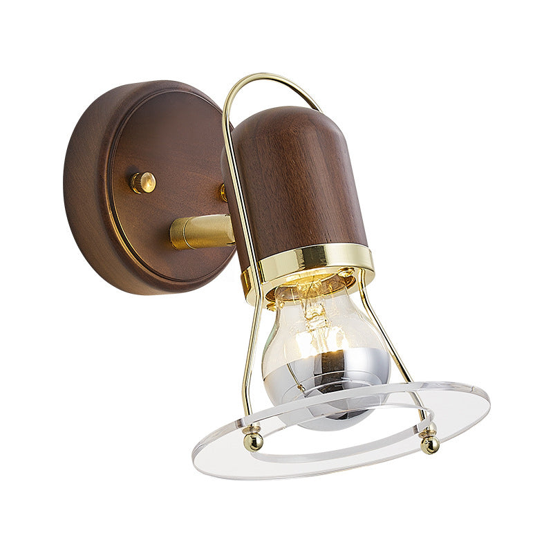 Traditional Vintage Walnut Iron Acrylic Cylinder Round Disk 1-Light Wall Sconce Lamp For Bedside