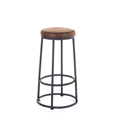 Contemporary Industrial Round Solid Wood Iron Frame Bar Stool Backless Footrest For Dining Room