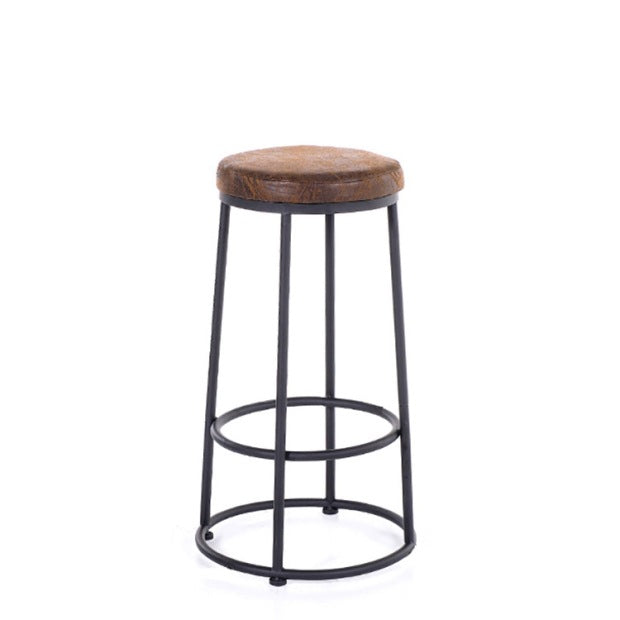 Contemporary Industrial Round Solid Wood Iron Frame Bar Stool Backless Footrest For Dining Room