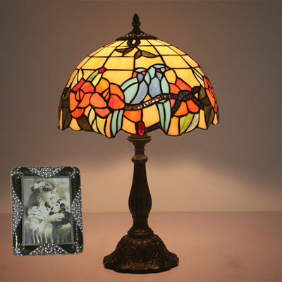 Traditional Tiffany Stained Glass Rose Flower Parrot Dome 1-Light Table Lamp For Bedroom