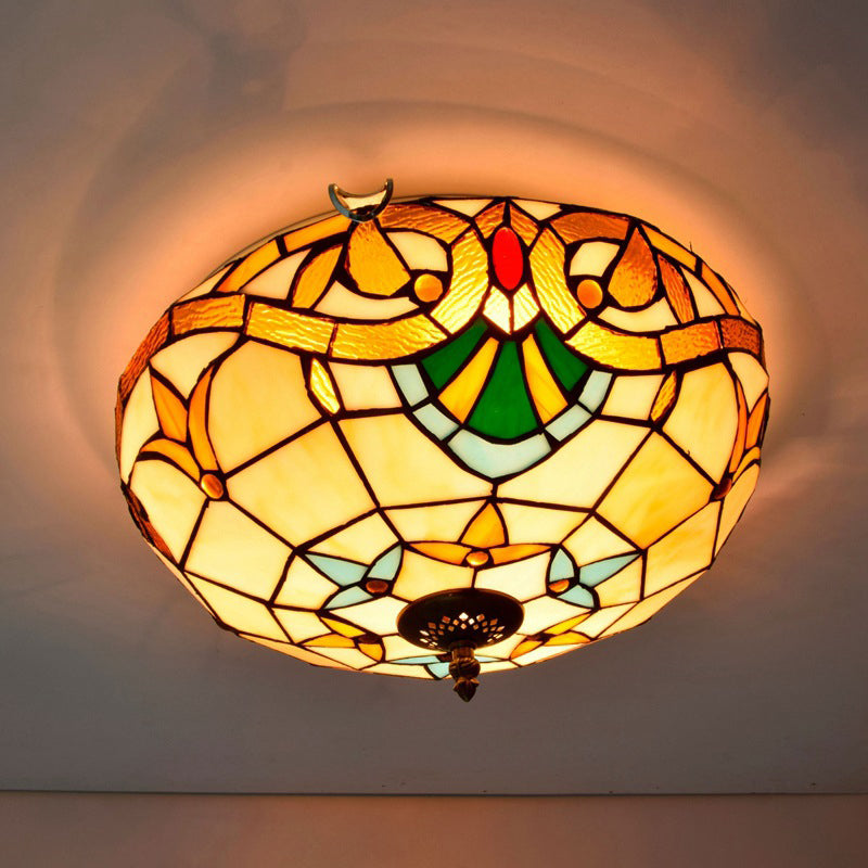 Traditional Tiffany Half Orb Flower Stripe Plaid Iron Stained Glass 3-Light Flush Mount Ceiling Light For Living Room