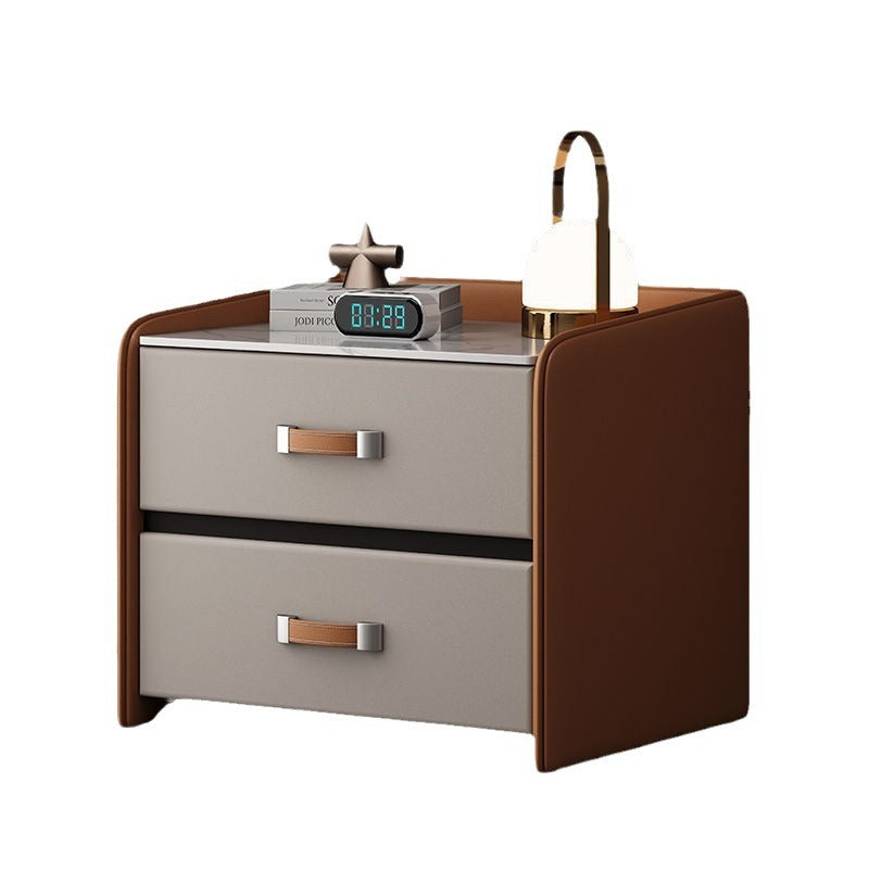 Modern Simplicity Rectangular Slab Saddle Leather Wood Nightstand 2-Drawer For Bedside