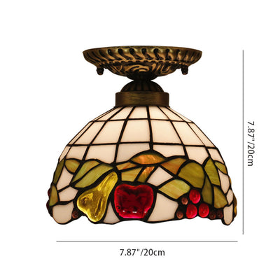 Traditional Tiffany Hemisphere Disc Base Apple Leaf Lattice Iron Stained Glass 1-Light Semi-Flush Mount Ceiling Light For Bedroom