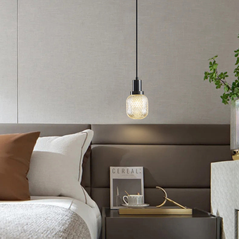 Modern Minimalist Cylindrical Copper Glass 1-Light Pendant Light For Bedroom