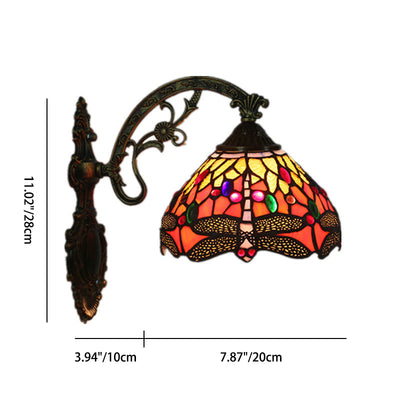 Traditional Tiffany Half Ball Floral Dragonfly Iron Glass 1-Light Wall Sconce Lamp For Bedroom