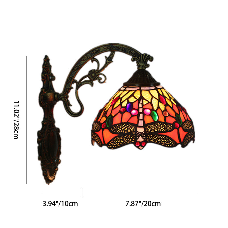 Traditional Tiffany Half Ball Floral Dragonfly Iron Glass 1-Light Wall Sconce Lamp For Bedroom