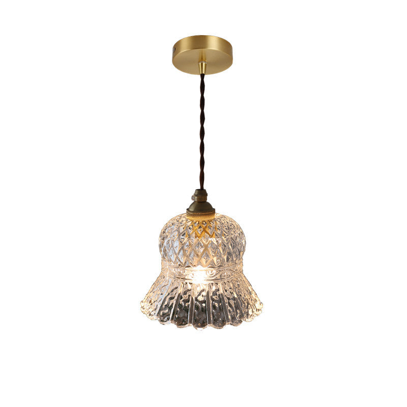 Traditional French Brass Checkered Glass Flower-Shape 1-Light Pendant Light For Living Room