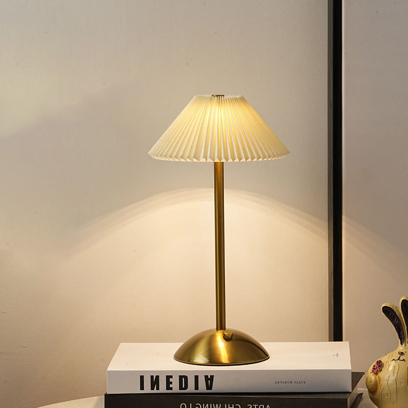 Contemporary Scandinavian Rechargeable Iron Fabric Conic Pleated LED Table Lamp For Bedside