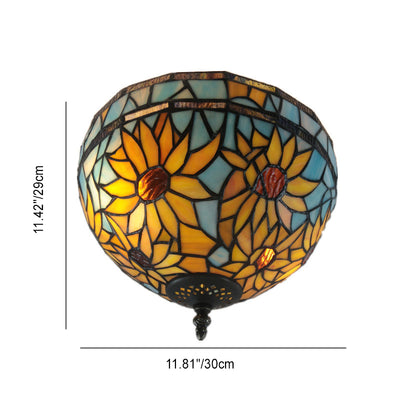 Traditional Tiffany Dome Sunflower Iron Glass 2-Light Semi-Flush Mount Ceiling Light For Hallway