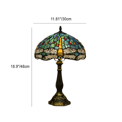 Traditional Tiffany Aluminum Alloy Glass Dome Dragonfly 1-Light Table Lamp For Bedroom