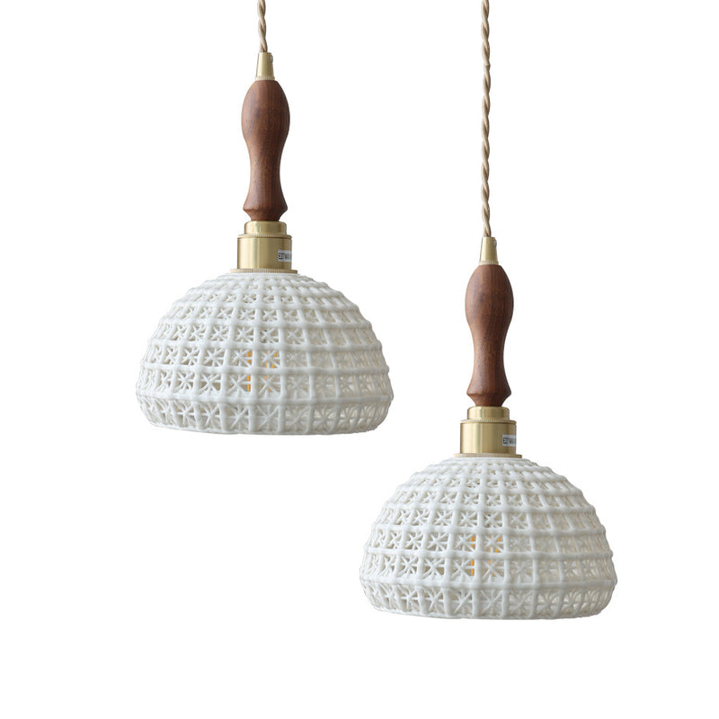 Contemporary Retro Ceramic Basket Shade Wood Brass 1-Light Pendant Light