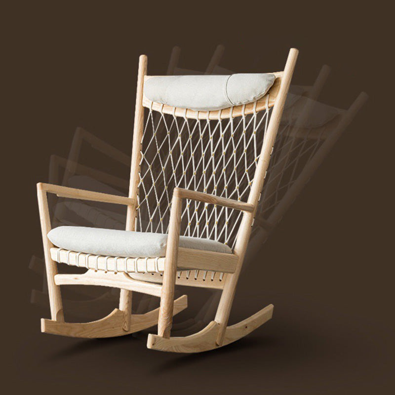 Contemporary Nordic Weaving Ash Wood Cotton Rope Velvet Cotton Square Rocking Chair Recliner Armrest For Living Room