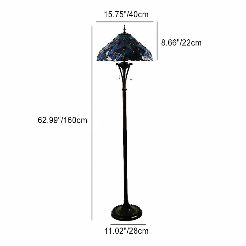 Traditional Tiffany Resin Glass Semicircular Dome Cow Diamond Flower 2-Light Standing Floor Lamp For Dining Room