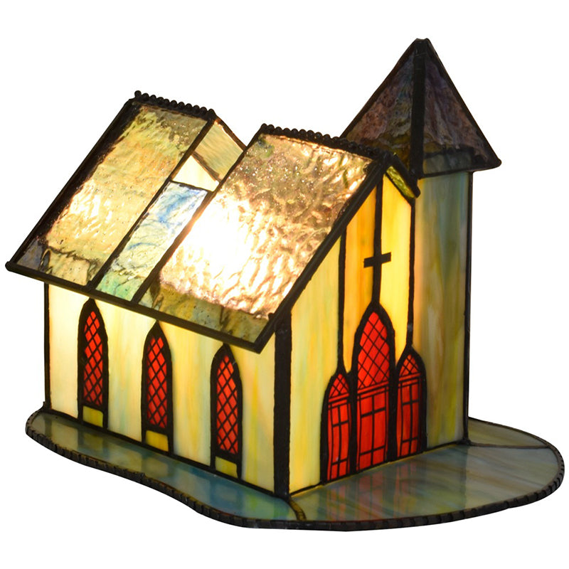 Traditional Tiffany Glass House Chapel 1-Light Table Lamp Night Light For Bedside