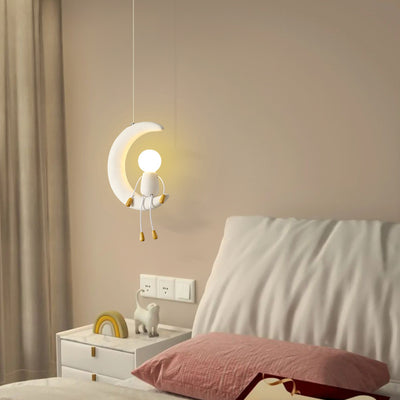 Contemporary Nordic Kids Iron Resin Glass Moon Doll 1-Light Pendant Light For Bedside