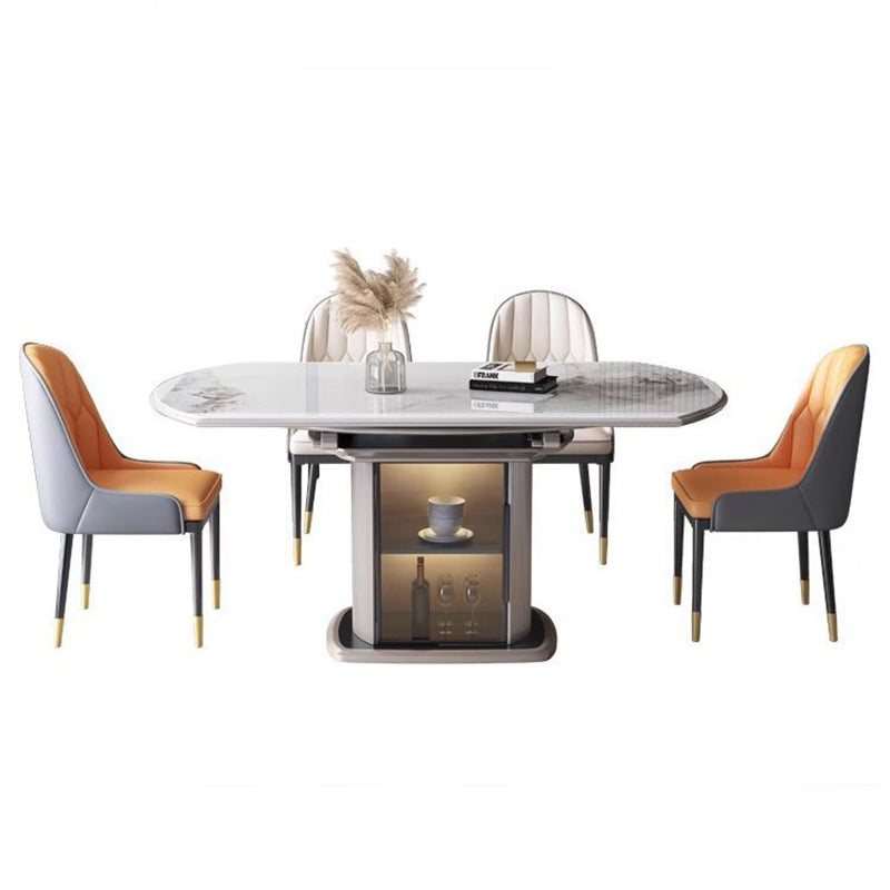 Contemporary Nordic Elliptical Slab Wood Glass Dining Table & Chair Set For 4 Seats