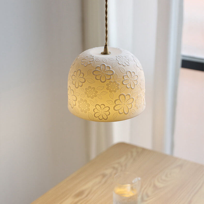 Nordic Vintage Flower Pattern Ceramic Round Drum 1-Light Pendant Light