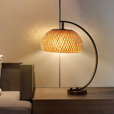 Traditional Chinese Curved Pole Round Mesh Shade Iron Bamboo 1-Light Table Lamp For Bedroom