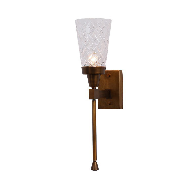 Traditional French Cylinder Carved Copper Glass 1-Light Wall Sconce Lamp For Living Room