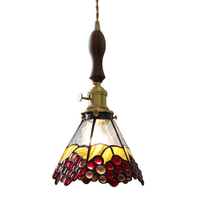 Traditional Vintage Brass Glass Flower Colored Grapes 1-Light Pendant Light For Dining Room