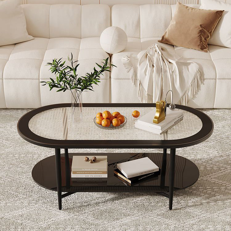 Contemporary Retro Elliptical Weaving Glass Iron Coffee Table 2-Tier For Living Room