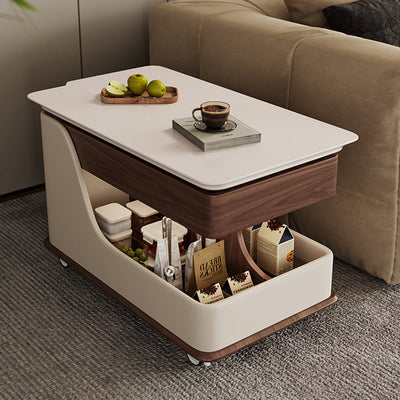 Contemporary Retro Rectangular Slab Wood Plate End Table 4-Storage Movable For Living Room