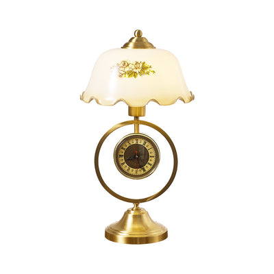 Contemporary Retro Ruffled Glass Shade Antique Copper Clock Base 1-Light Table Lamp For Home Office