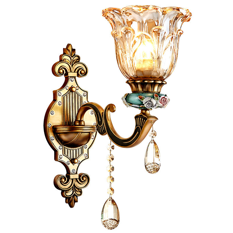 Traditional European Floral Zinc Alloy Resin Crystal Glass 1-Light Wall Sconce Lamp For Hallway