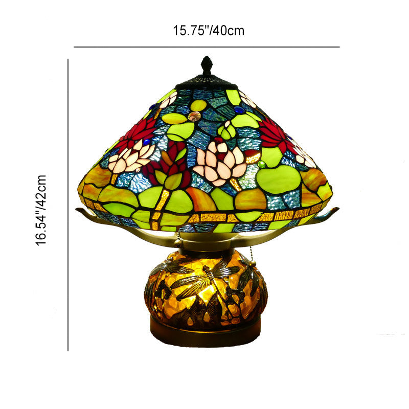 Traditional Tiffany Iron Glass Conic Dragonfly Water Lily 2/3 Light Table Lamp For Study