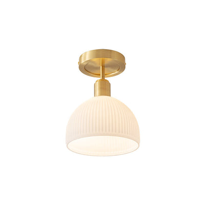 Modern Simplicity Antique Brass Frame Round Ribbed Glass 1-Light Semi-Flush Mount Ceiling Light For Dining Room