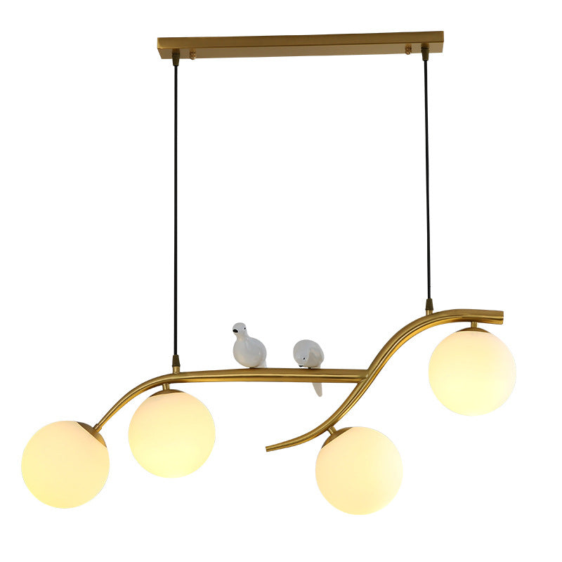 Contemporary Simplicity Brass Glass Ball Bird Decor 4-Light Chandelier Island Light For Living Room