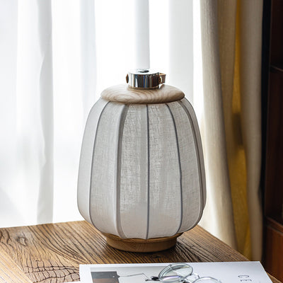 Traditional Japanese Portable Round Lantern Wood Silk Fabric Stainless Steel LED Table Lamp For Living Room