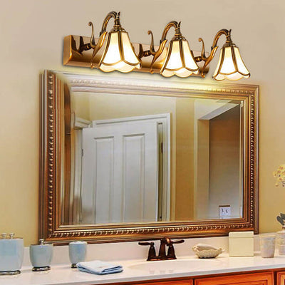 Traditional European Brass Finish Frame Flower Shade 3-Light Bathroom Vanity Mirror Front Wall Sconce Lamp For Bathroom