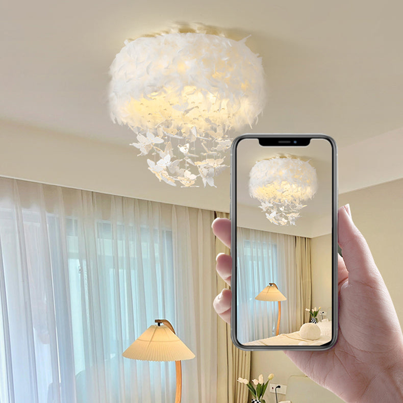 Contemporary Scandinavian Butterfly Feather Round Crystal Turkey Feather Iron LED Flush Mount Ceiling Light For Bedroom