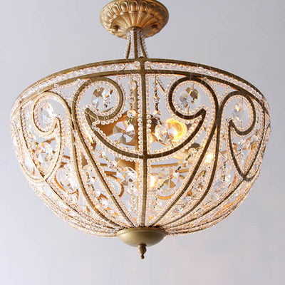 French Luxury Crystal Bead Strings Bowl Gold Iron 5-Light Semi-Flush Mount Ceiling Light