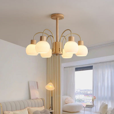 Modern Minimalist Branch Round Solid Wood Glass Hardware 6/8 Light Chandelier For Living Room