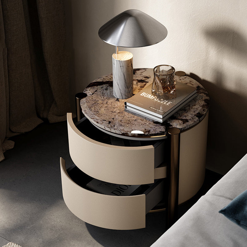 Modern Luxury Round Tabletop Marble Solid Wood Stainless Steel Microfiber Leather Nightstand 2-Drawer For Bedroom