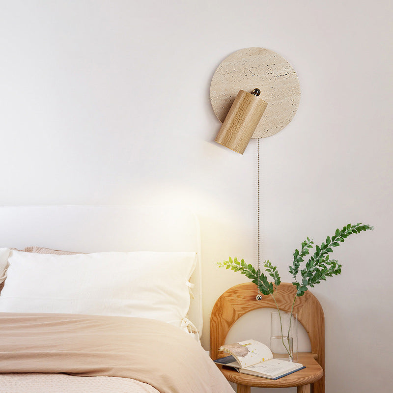 Modern Mid-Century Round Cylinder Solid Wood Beige Travertine 1-Light Wall Sconce Lamp For Bedroom